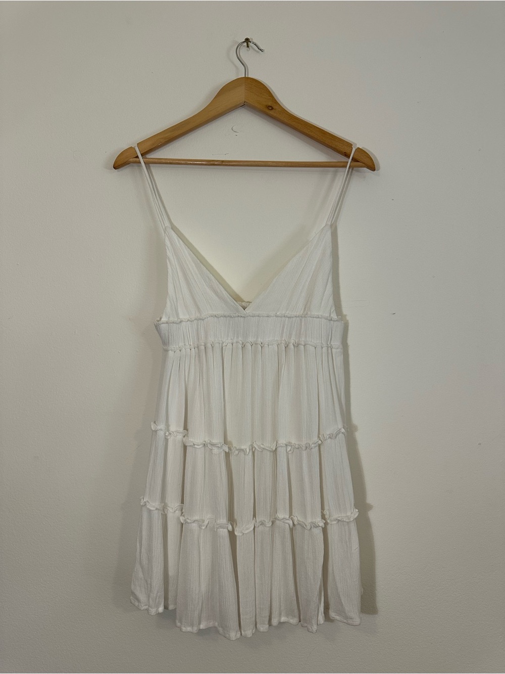 Cotton Candy White V‑Neck Spaghetti Strap Tiered Mini Dress